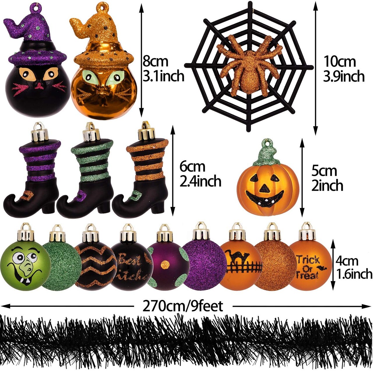 24 Pieces Halloween Ornaments Tree Decorations, Shatterproof Cats Jack-o'-Lantern Pumpkin Vintage Decorative Hanging Ball Ornaments Set for Small Tree, Cute Holiday Party Indoor Home Decor